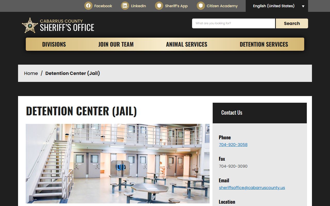 Cabarrus Sheriff's Detention Center page with jail contact and inmate service links
