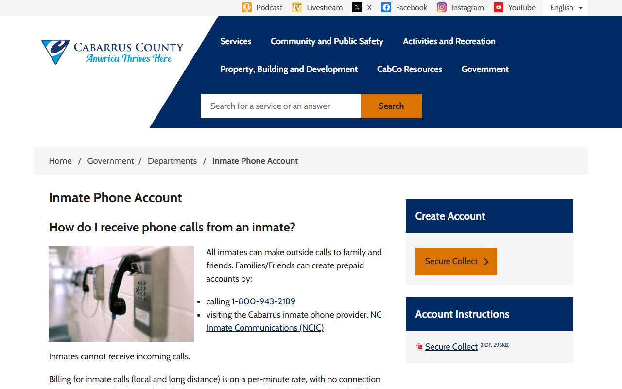 Cabarrus inmate phone account page showing NCIC setup and call rates