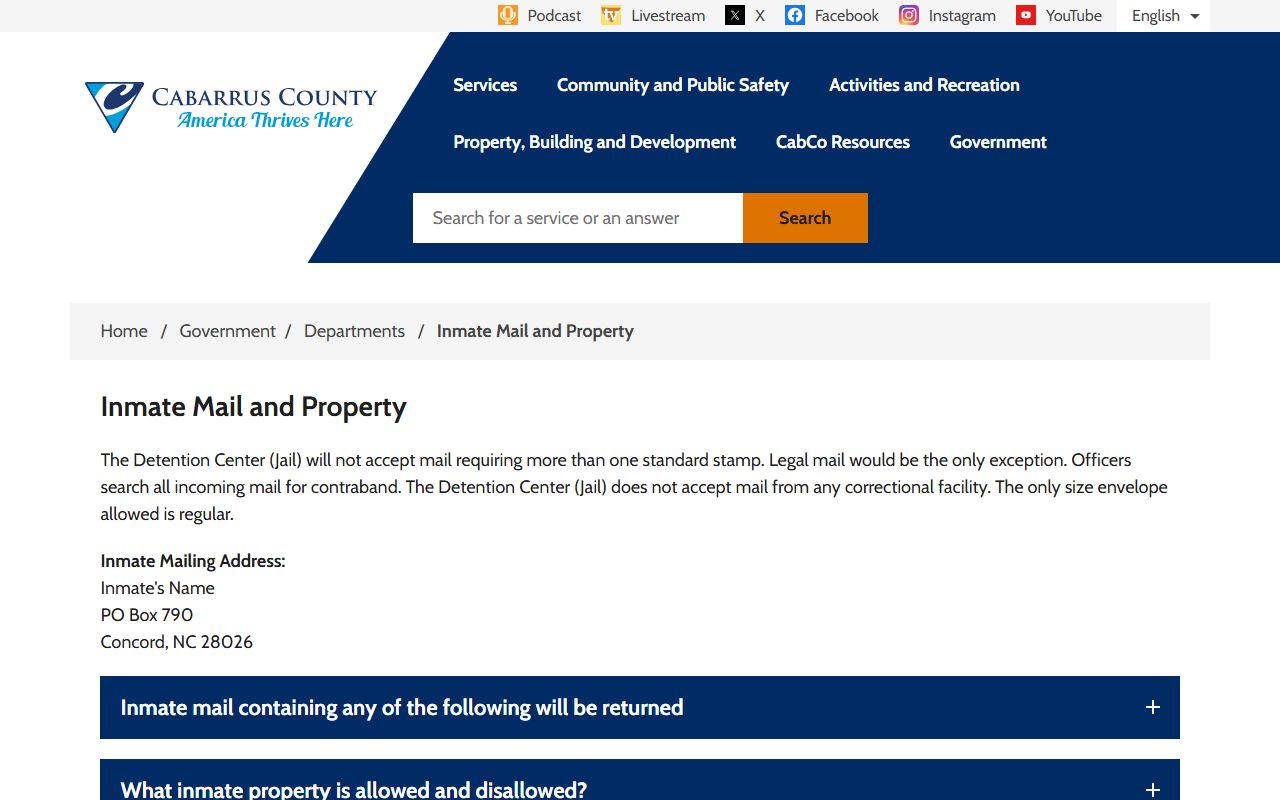 Cabarrus jail mail and property rules with mailing address and book limits