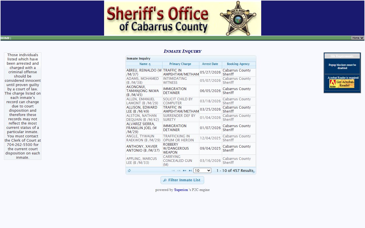 Cabarrus County inmate roster P2C search fields