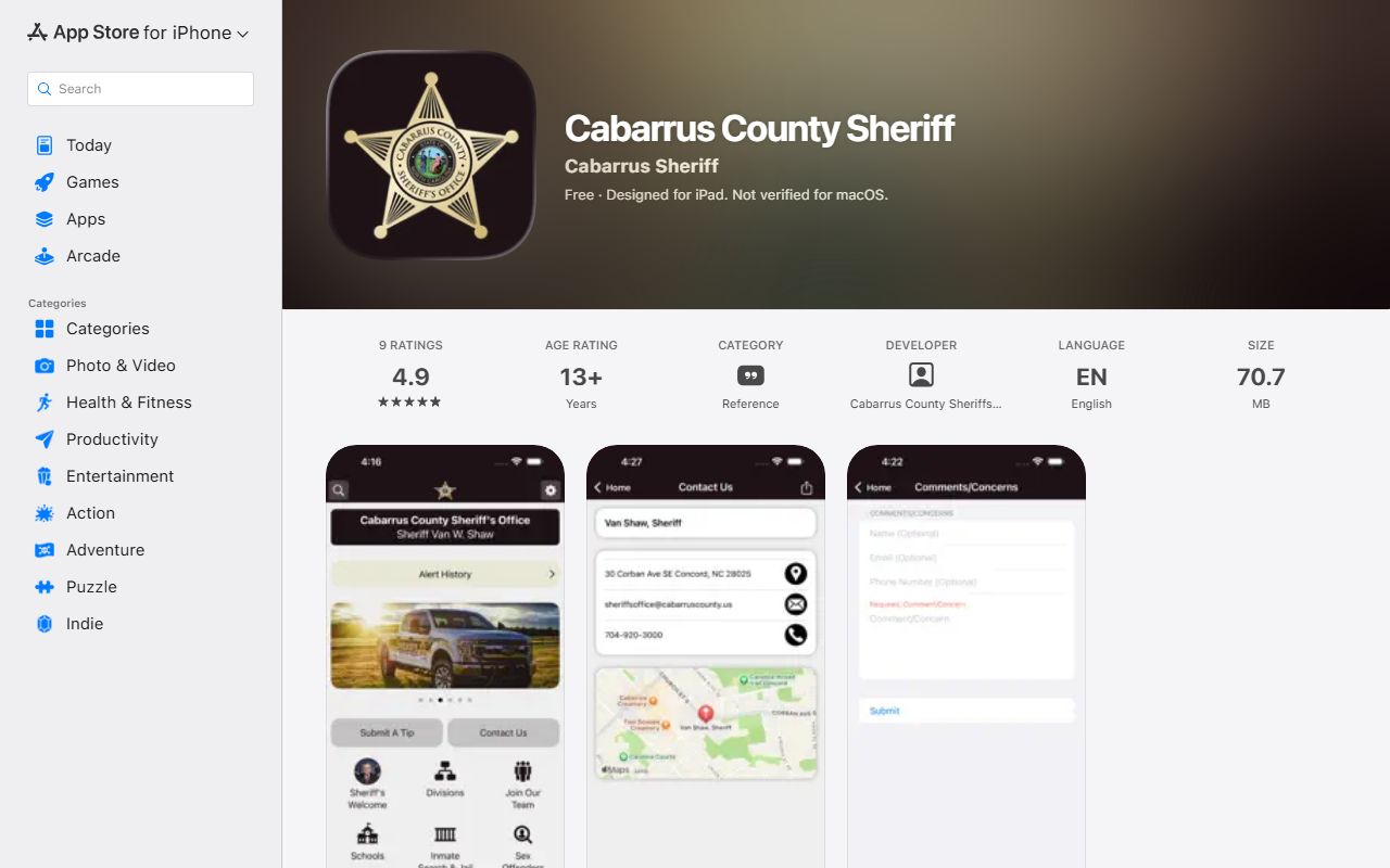 Cabarrus County Sheriff app inmate search and mugshot access channel