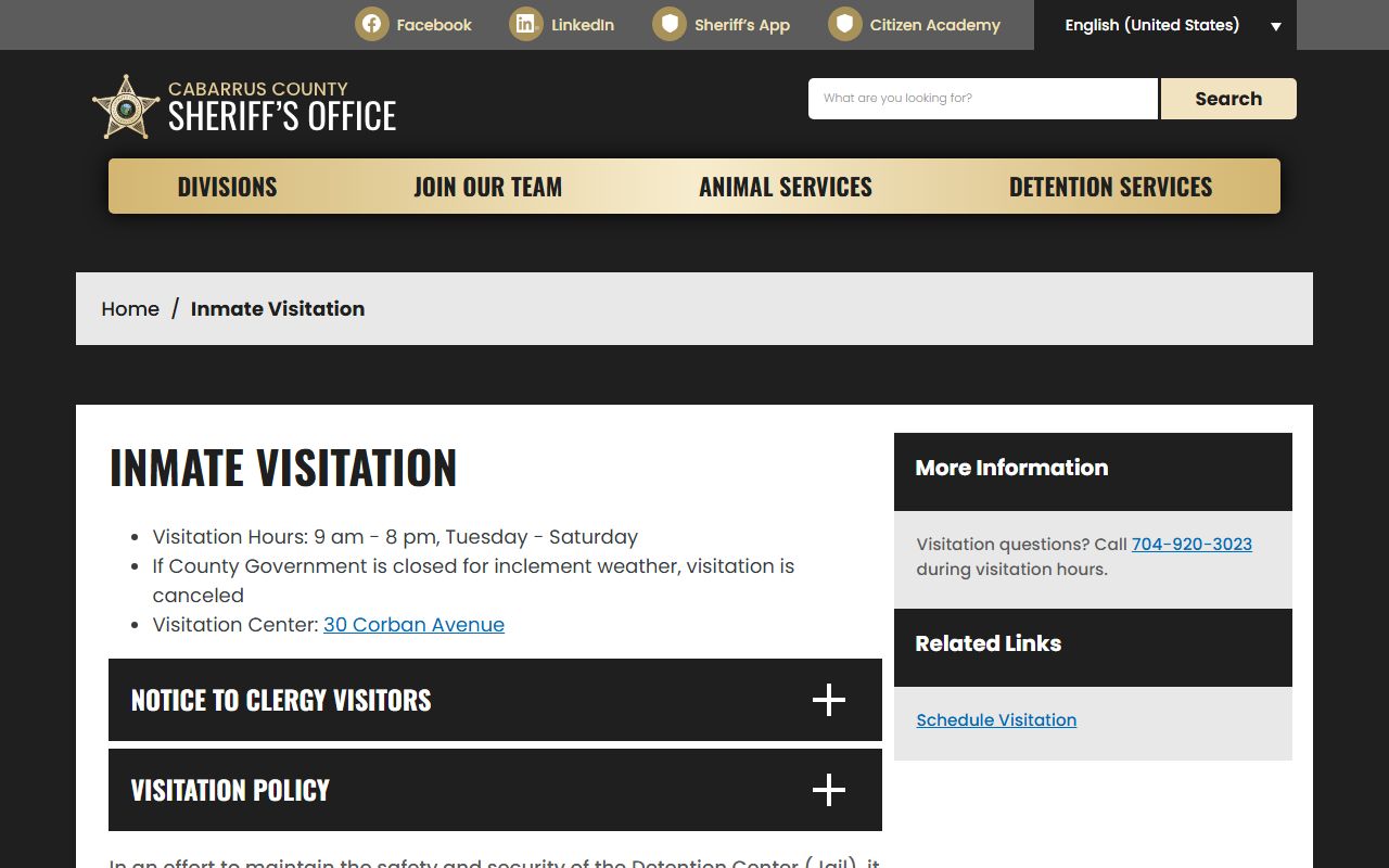 Cabarrus inmate visitation policy with hours, scheduling, and ID requirements